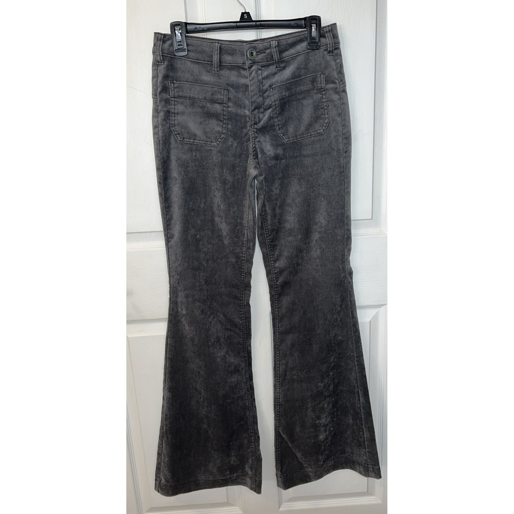 Free People Gray Velvet Bell Bottom Flare Pants Front Patch Pockets Size 27